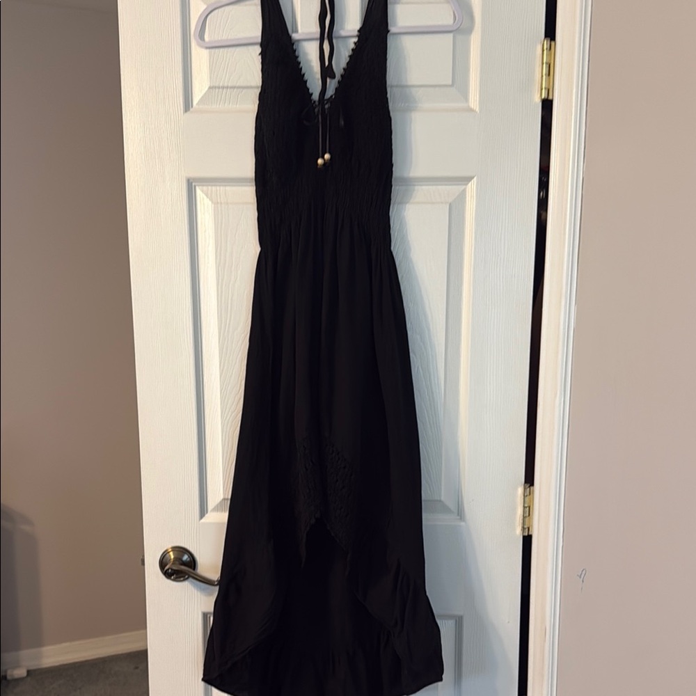 Black Ruched Halter High Low Dress